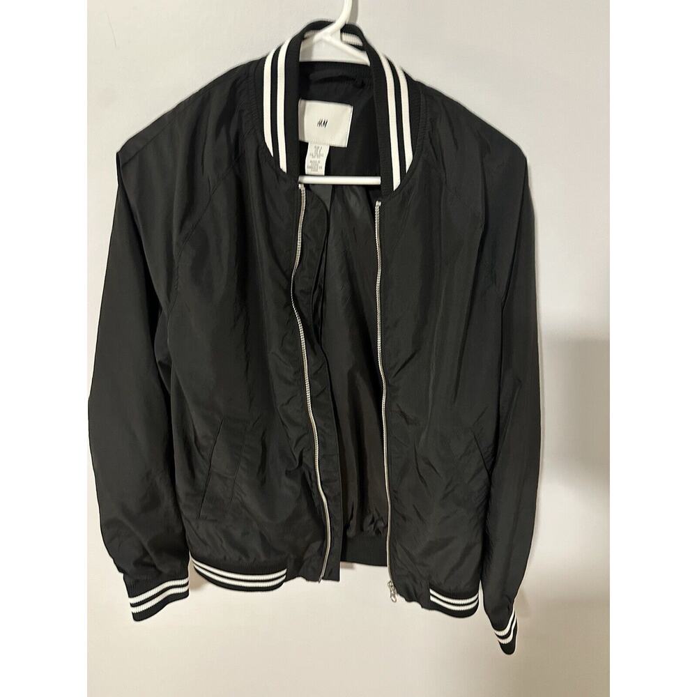 H&M Lined Windbreaker Jacket Knit Full Zip Black Collar/Hem Sz Small